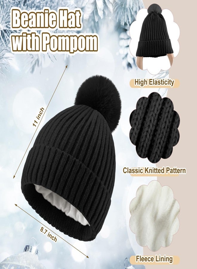 ShinyMatch 12 Pcs Winter Hat Gloves Scarf Earmuff Set Beanie Pompom Fleece Lining Hat Touch Screen Gloves Knitted Scarf(Black, Beige, Pink,Classic Style) - Image 3
